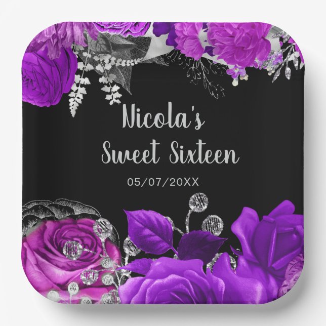 Elegant Purple and Silver Flowers Sweet Sixteen  Paper Plate (Front)