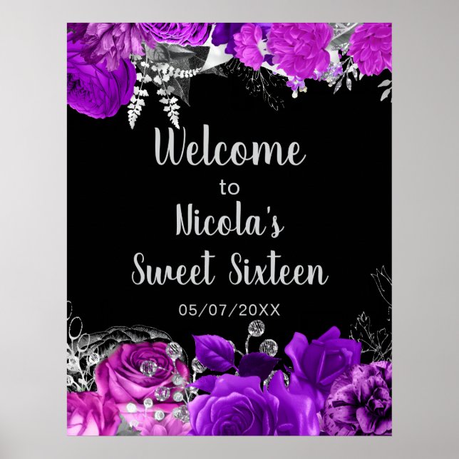 Elegant Purple and Silver Flowers Sweet Sixteen  Poster (Front)