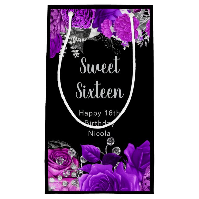Elegant Purple and Silver Flowers Sweet Sixteen Small Gift Bag (Front)