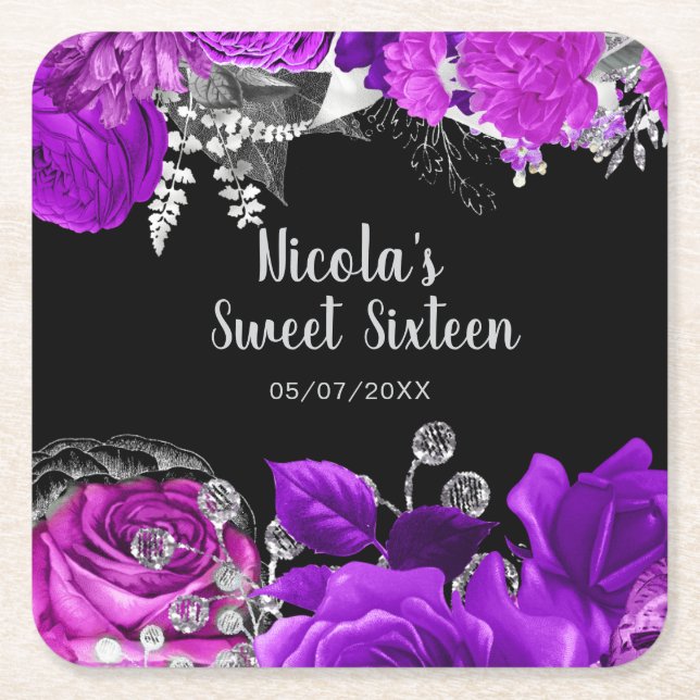 Elegant Purple and Silver Flowers Sweet Sixteen Square Paper Coaster (Front)