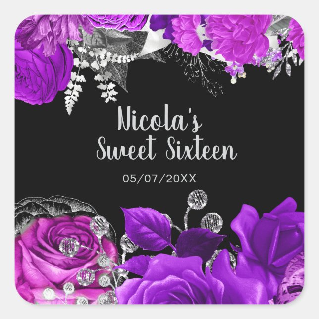 Elegant Purple and Silver Flowers Sweet Sixteen Square Sticker (Front)