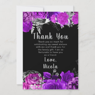 Elegant Purple and Silver Flowers Sweet Sixteen Thank You Card