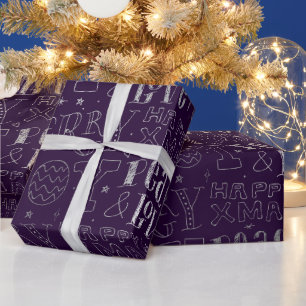 Elegant Purple and Silver Foil Christmas Word Art Wrapping Paper