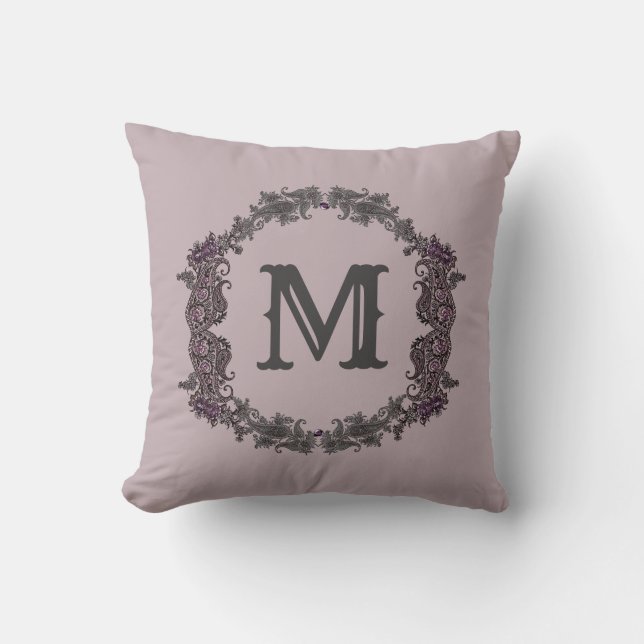 Elegant Purple and Silver Framed Monogram  Cushion (Front)
