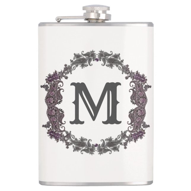 Elegant Purple and Silver Framed Monogram  Hip Flask (Front)