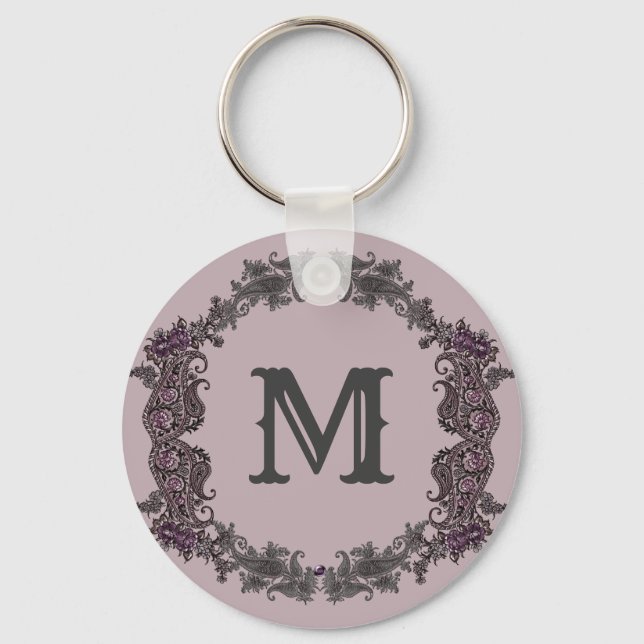 Elegant Purple and Silver Framed Monogram  Key Ring (Front)