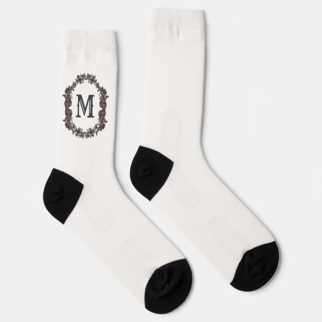 Elegant Purple and Silver Framed Monogram Socks (Right)
