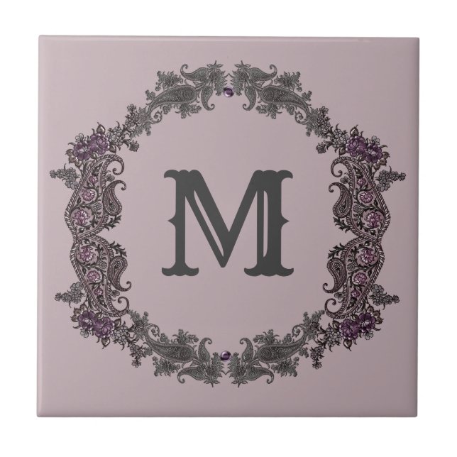 Elegant Purple and Silver Framed Monogram  Tile (Front)