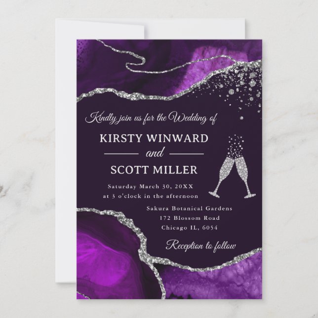 Elegant Purple and Silver Glitter Agate Wedding Invitation (Front)