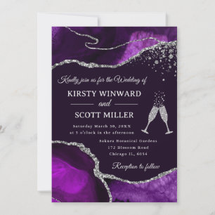Elegant Purple and Silver Glitter Agate Wedding Invitation