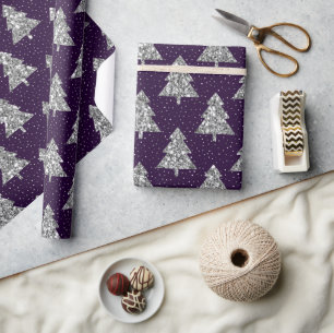 Elegant Purple and Silver Glitter Christmas Tree  Wrapping Paper