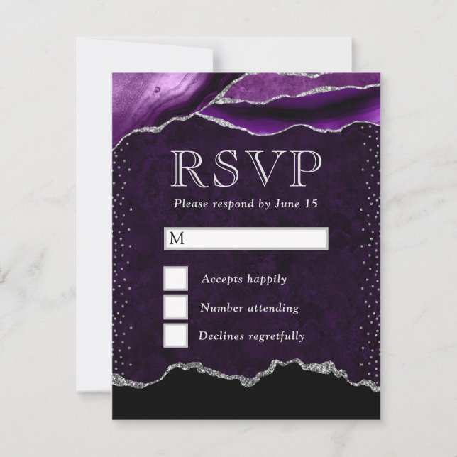 Elegant Purple and Silver Glitter Marble Agate RSVP Card (Front)