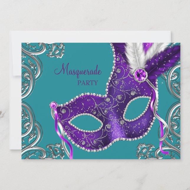 Elegant Purple and Turquoise Blue Masquerade Party Invitation (Front)