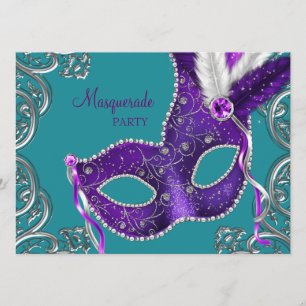 Elegant Purple and Turquoise Blue Masquerade Party Invitation