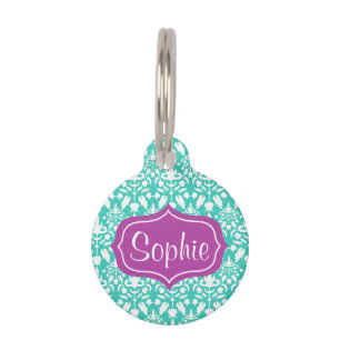 Elegant Purple And Turquoise Damask Pattern Pet Tag