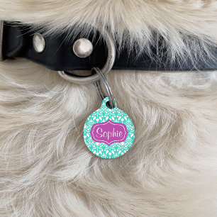 Elegant Purple And Turquoise Damask Pattern Pet Tag