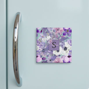 Elegant Purple And Violet Wildflowers And Monogram Magnet