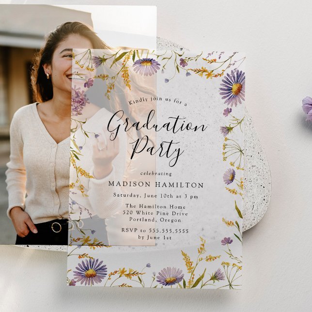 Elegant Purple and Yellow Floral Graduation Party Vellum Invitations (Creator Uploaded)