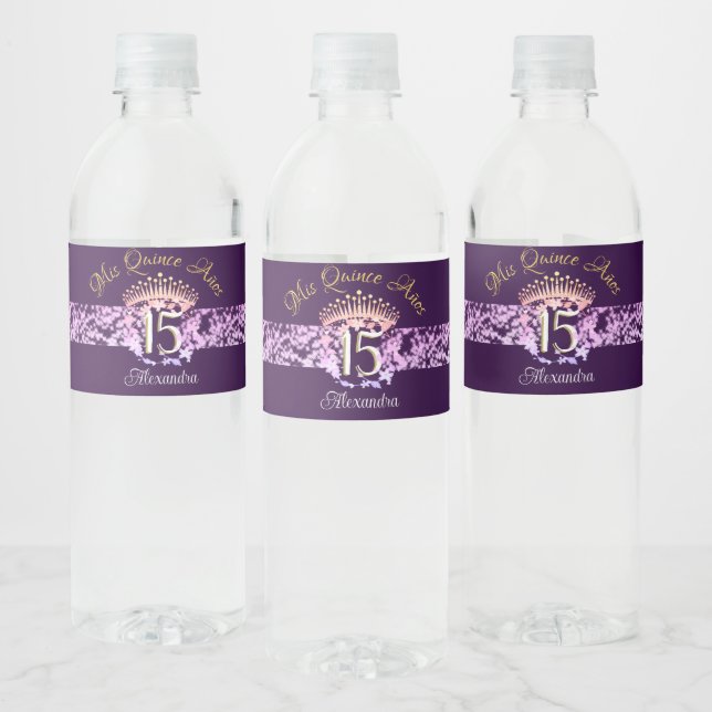 Elegant Purple andGold Quinceañera Spanish  Water Bottle Label (Bottles)