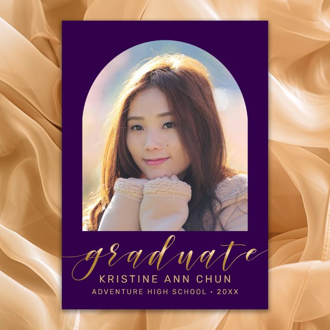 Elegant Purple Arch Gold Script Photo Graduation Announcement (Purple and Gold Script Photo Graduation Announcement)