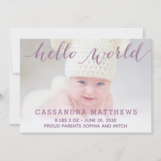 Elegant Purple Baby Birth Photo Announcement (Front)