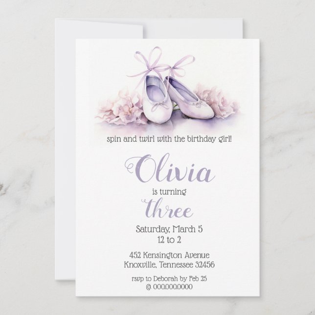Elegant Purple Ballet Shoes Ballerina Birthday Invitation (Front)