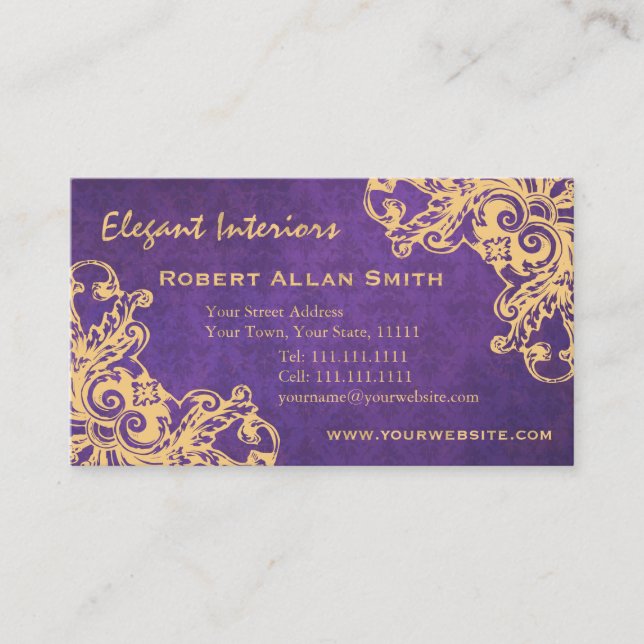 Elegant Purple Baroque Damask Renaissance Grunge Business Card (Front)