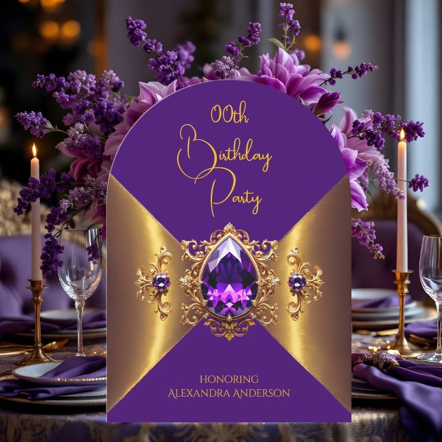 Elegant Purple Birthday Gold Golden Jewel Invitation (Creator Uploaded)