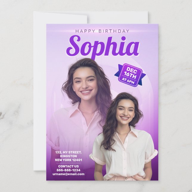 Elegant Purple Birthday Party Girls One Photo Invitation (Front)