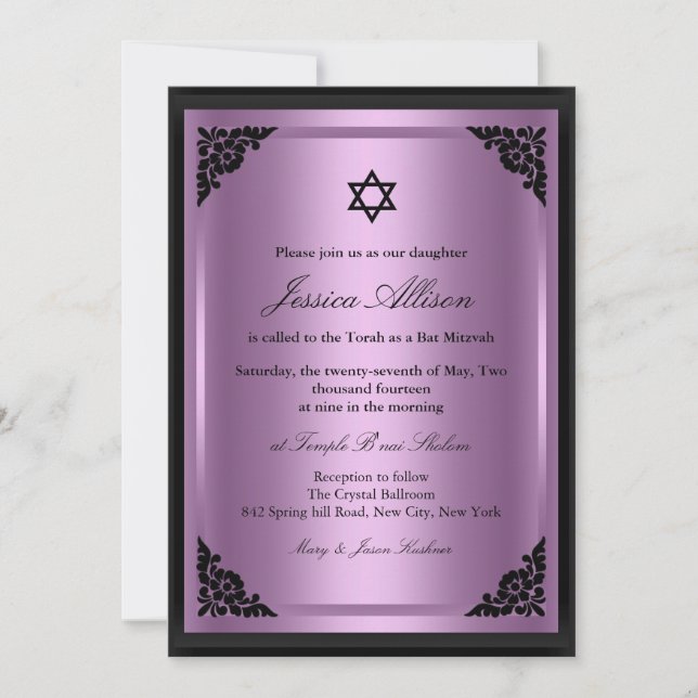 Elegant Purple & Black Bat Mitzvah Invitation (Front)