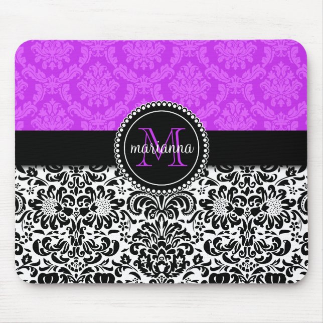 Elegant Purple Black Damask Personalised Mouse Pad (Front)