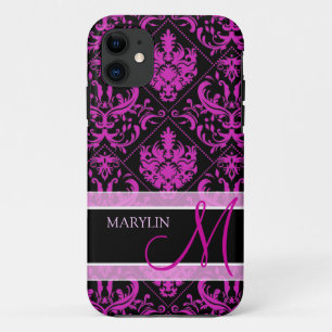 Elegant Purple & Black Damask with monogram Case-Mate iPhone Case
