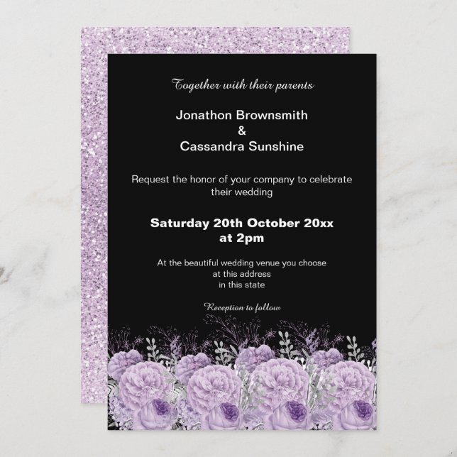 ELEGANT PURPLE BLACK FLORAL GLITTER WEDDING INVITATION (Front/Back)