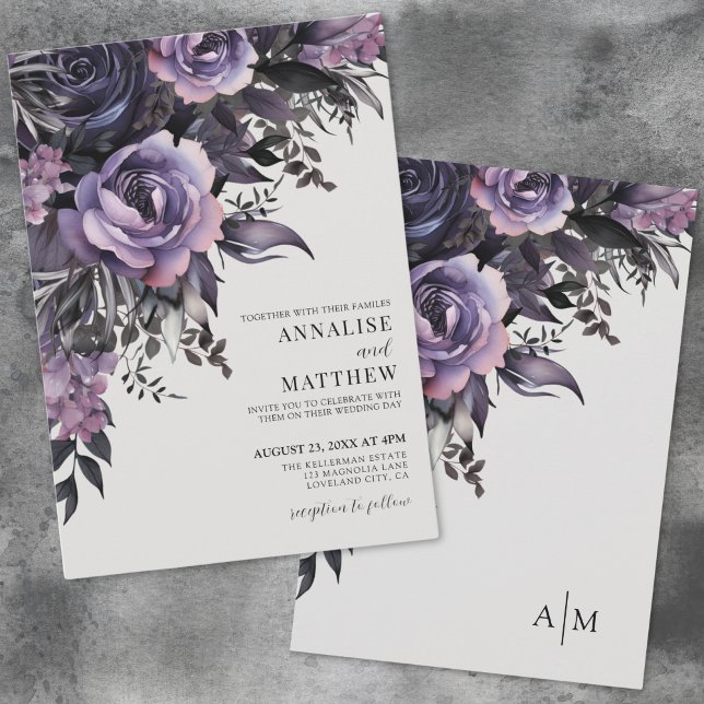 Elegant Purple Black Floral Wedding Invitation (Elegant Purple Black Floral Wedding Invitation)