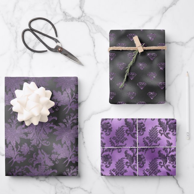 Elegant Purple Black Floral Wrapping Paper Sheet (Front)