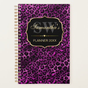 Elegant Purple & Black Foil Leopard Spots Monogram Planner