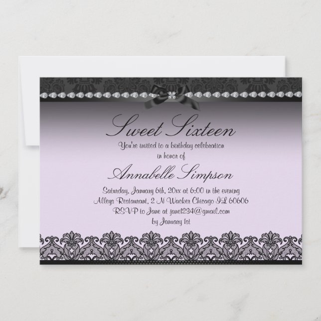 Elegant Purple & Black Lace Sweet Sixteen Invite (Front)