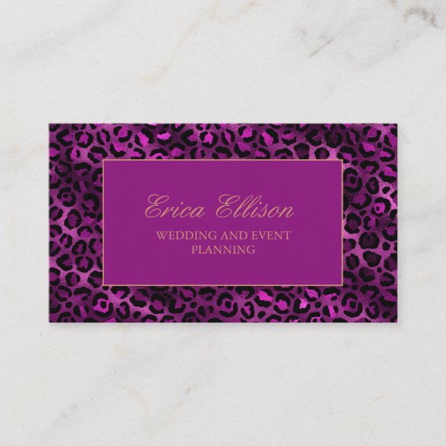 Elegant Purple Black Leopard Print Wedding Planner Business Card (Front)