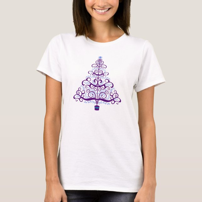 Elegant Purple Blue Christmas Tree T-Shirt (Front)