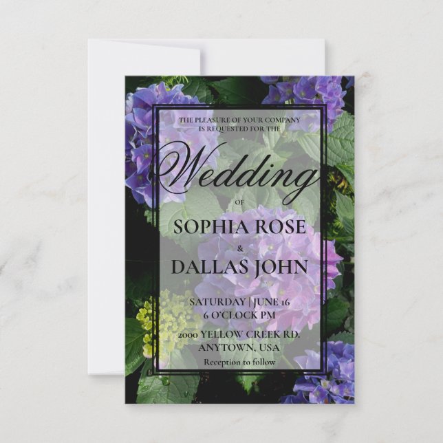 Elegant purple blue floral hydrangea Wedding Invitation (Front)