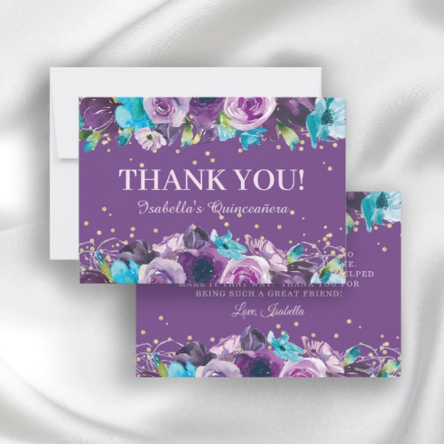 Elegant Purple Blue Floral Quinceañera Birthday Thank You Card (Creator Uploaded)