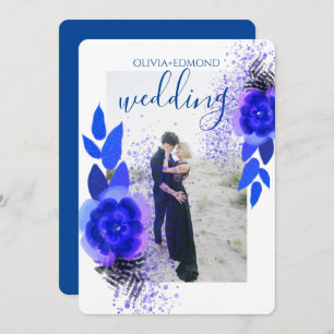 Elegant Purple Blue Flowers Frame Photo Wedding Invitation
