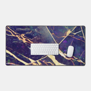 Elegant Purple Blue Gold Marble Add Name Monogram Desk Mat