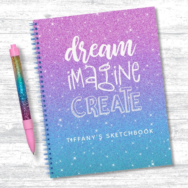 .Elegant Purple Blue Ombre Glitter Sketchbook Notebook (A cute purple and blue glitter sketchbook with the words dream imagine create. Personalize it.)