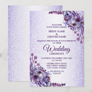 Elegant Purple Blue Pink Floral Glitter Wedding Invitation