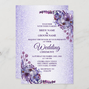 Elegant Purple Blue Pink Floral Glitter Wedding Invitation