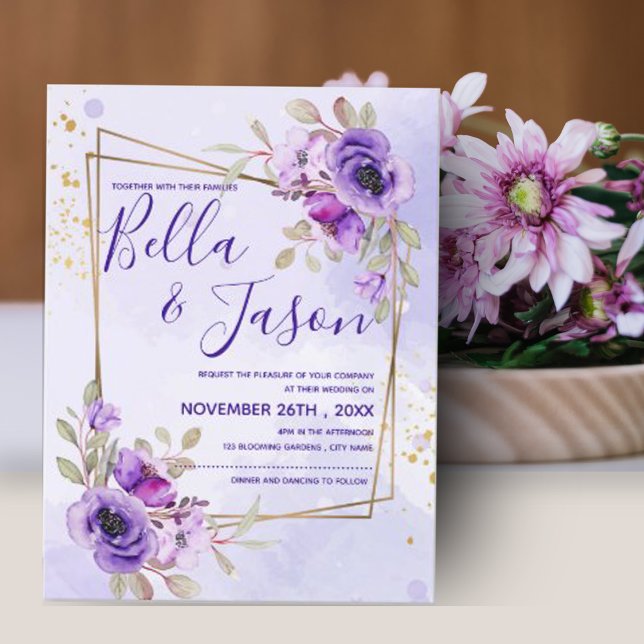 Elegant Purple Blue Watercolor Floral  Wedding Postcard (Creator Uploaded)