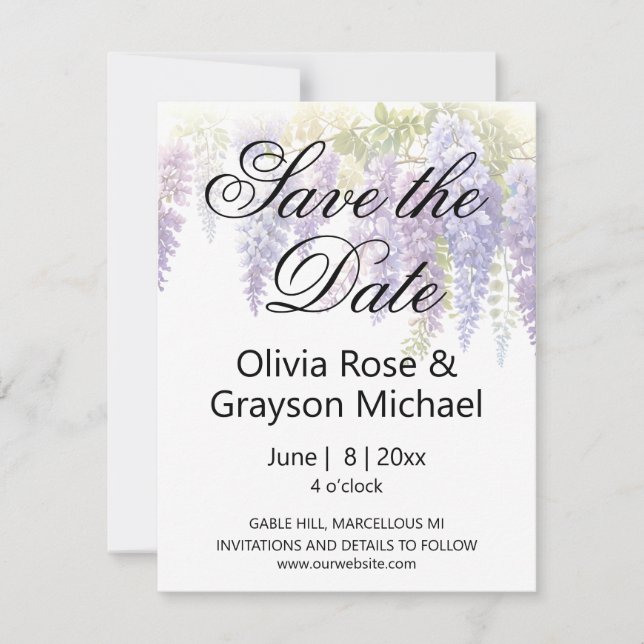 Elegant purple blue watercolor wisteria wedding save the date (Front)