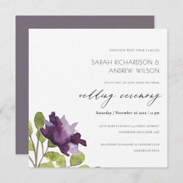 ELEGANT PURPLE BLUE WATERCOLOUR FLORAL WEDDING INVITATION (Front/Back)