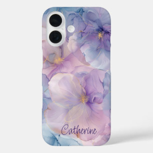 Elegant Purple Blue with Gold Floral Custom Name iPhone 16 Case